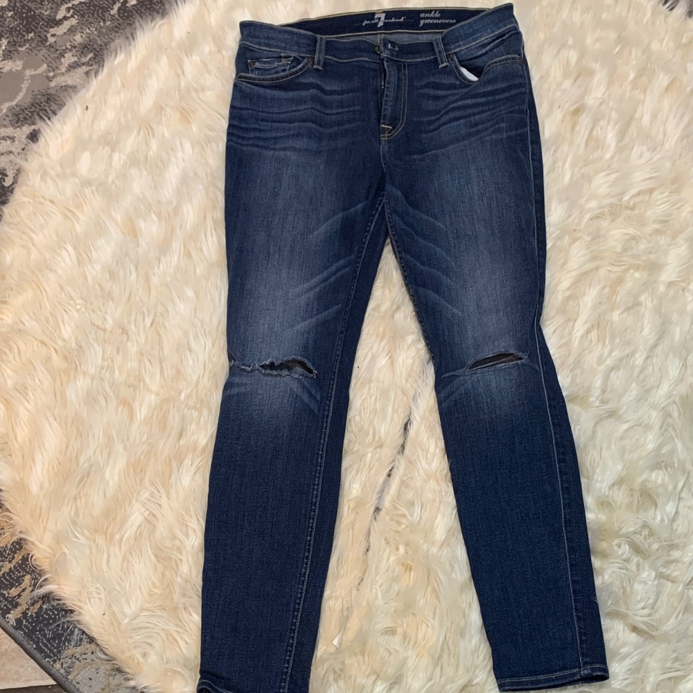 7 For All Mankind Dark Blue Ripped Skinny Jeans